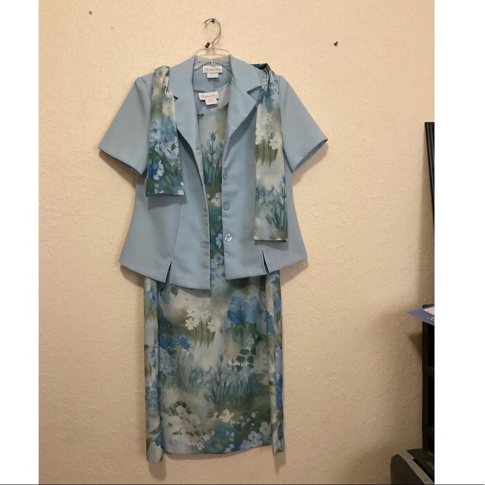 Blue Floral Dress with Jacket and Scarf